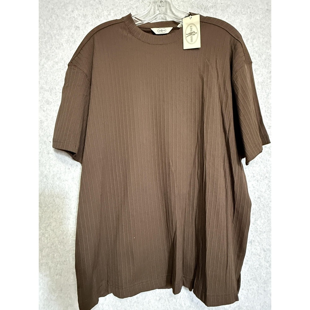 Linea Uomo Shirt Mens 2XL Brown Ribbed Stretch Short Sleeve Crewneck Tee Knit‎